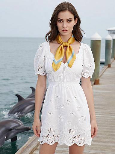 Woman in Chic Dress with Dolphins