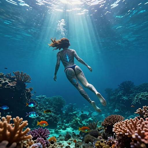 Photograph of a woman with intricate blue tattoos, wearing a patterned swimsuit, swimming underwater surrounded by vibrant coral reefs and colorful fish. Sunlight