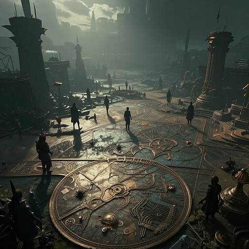 Dark, cyberpunk cityscape with silhouetted figures on a wet, reflective, circuit-patterned ground. Tall, gothic structures and distant