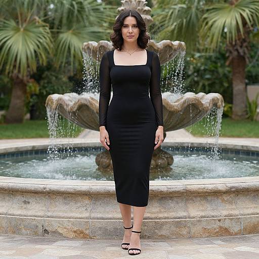 Woman by Tiered Stone Fountain