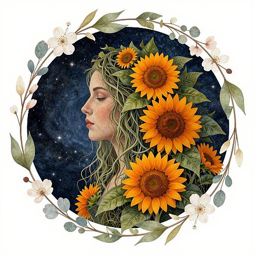 Digital artwork of a serene, green-haired woman with closed eyes, surrounded by bright sunflowers and white flowers, against a starry night background in a