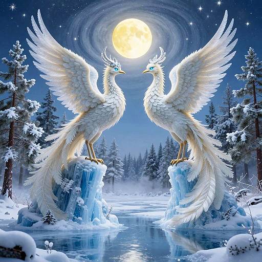 Ivory Ice Phoenixes in Glacial Night