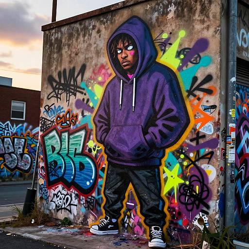 Photograph of a young man with dark skin, white eyes, purple hoodie, black pants, standing against a colorful graffiti-covered wall at sunset. Urban