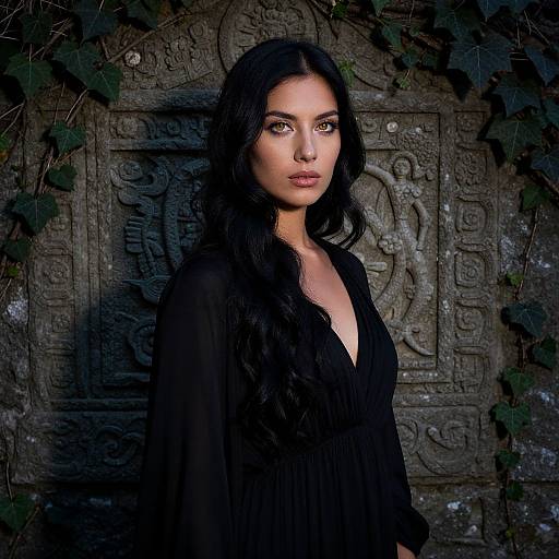 Photograph of a beautiful woman with long black hair, wearing a black V-neck dress, standing in front of an ancient, intricately carved stone wall