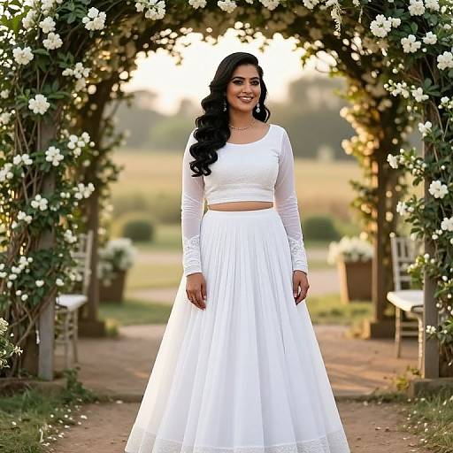 Photograph of a smiling South Asian woman with long black hair, wearing a white long-sleeve crop top and full skirt, standing under a flower