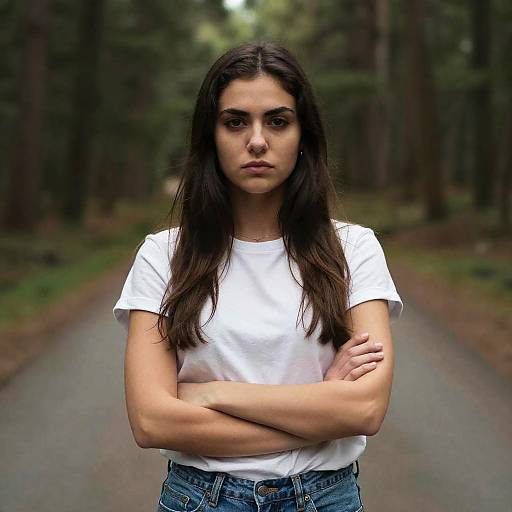 Photograph of a serious young woman with long dark hair, wearing a white t-shirt and denim jeans, standing with arms crossed on a forest path.