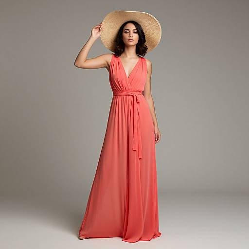 Photograph of a dark-haired woman in a flowing, coral-colored, V-neck gown with a wide brimmed beige hat, standing against a plain