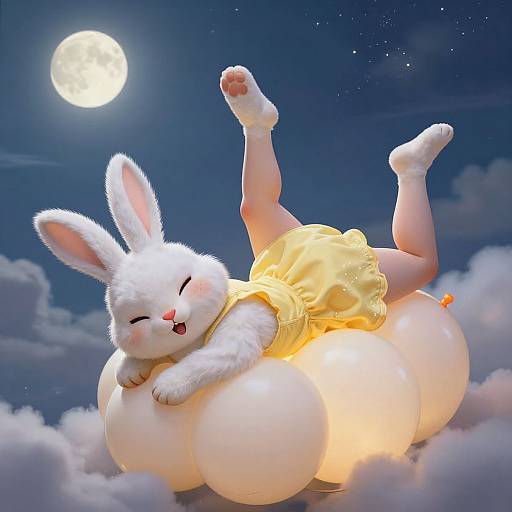 Digital artwork: Adorable white bunny with closed eyes, blushing cheeks, and yellow dress, joyfully lying on glowing white balloons under a full moon