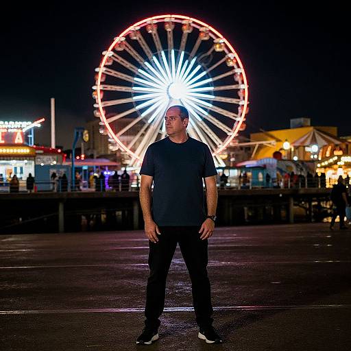 Photograph of a bald man in a black shirt and pants, standing in front of a brightly lit Ferris wheel at night.