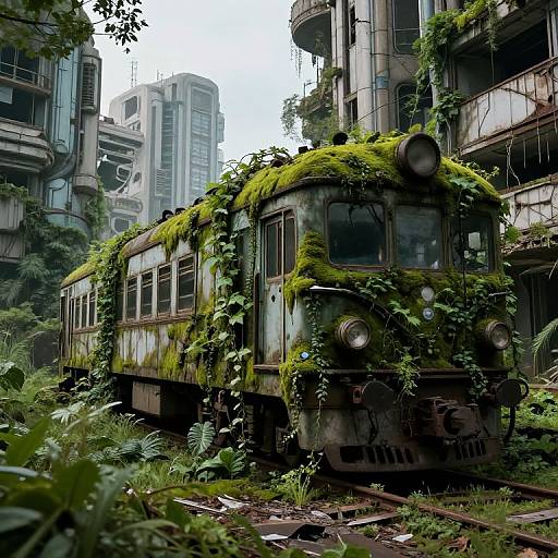Photograph of a moss-covered, abandoned train surrounded by overgrown vegetation in a dilapidated, urban jungle setting with decaying buildings.