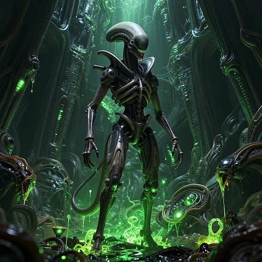 Digital artwork of a shiny, black, alien creature with a sleek, elongated head, standing in a dark, bio-luminescent, cyber