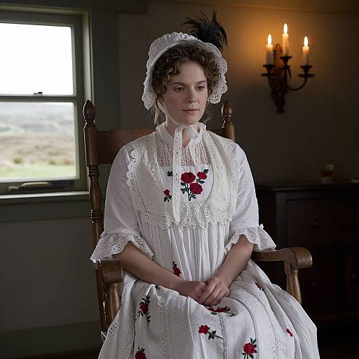 Photograph of a pale-skinned woman with curly brown hair, wearing a Victorian white dress with red floral patterns and lace, seated in a dark,