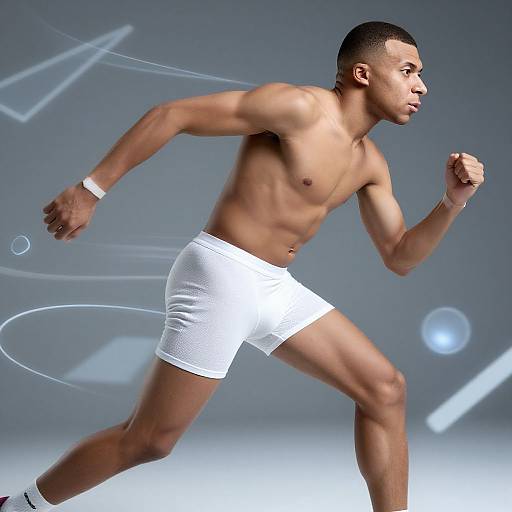 Photograph of a muscular, young Black male sprinter in white boxer briefs, mid-stride, with a focused expression, against a gray background