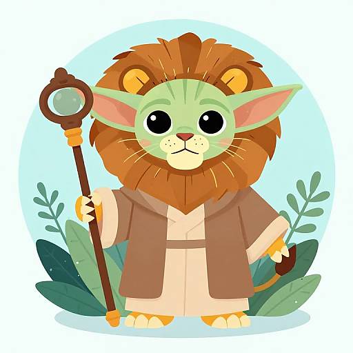 Cute digital illustration of a green, anthropomorphic lion cub with a brown mane, wearing a brown robe and holding a staff. Background features blue sky
