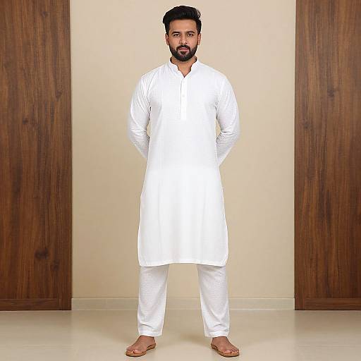 Photograph of a bearded man with dark hair, wearing a white traditional Pakistani kurta and pyjama, standing against a beige wall with wooden