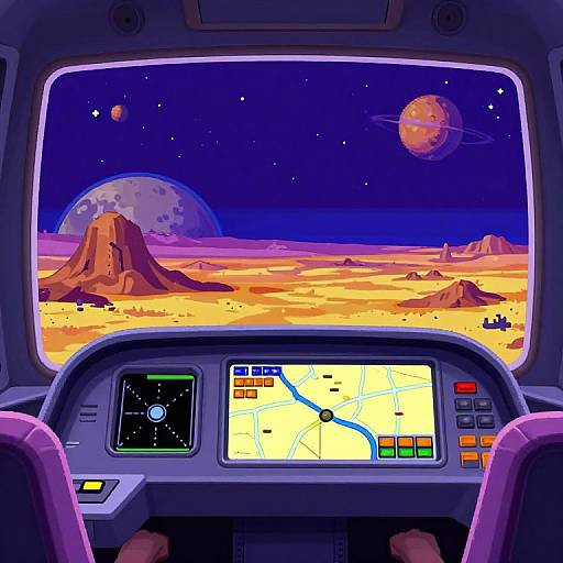 Digital illustration of a spaceship cockpit with a vivid, colorful viewscreen showing a desert planet with mountains, moons, and a starry sky. Control panel