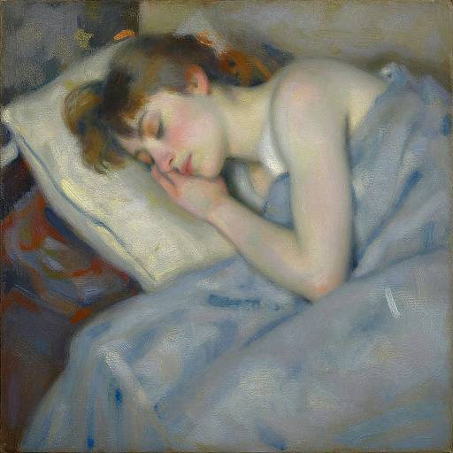 Impressionist painting of a fair-skinned, brown-haired woman sleeping on a white pillow, covered in a blue blanket, with soft, blended colors