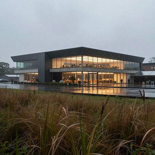 Photograph of a modern, rectangular glass-fronted house with warm interior lighting, set against a foggy dusk sky, surrounded by wet grass in the
