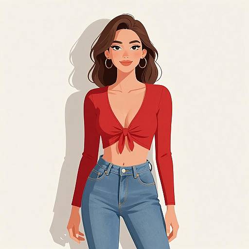 Digital illustration of a woman with light skin, brown wavy hair, wearing a red tied crop top and high-waisted blue jeans, large hoop