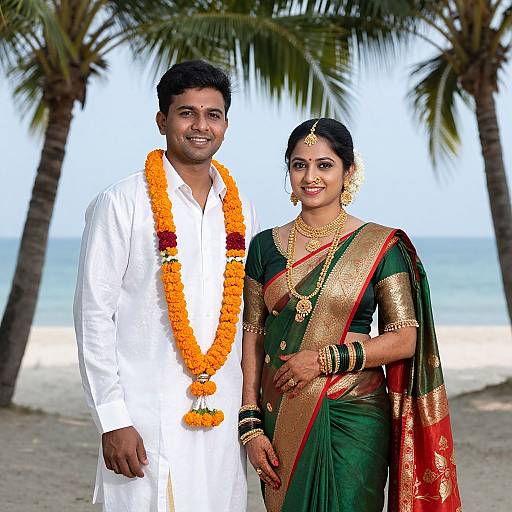 Photograph of a smiling Indian couple on a beach; groom in white kurta with orange marigold garland, bride in green saree with
