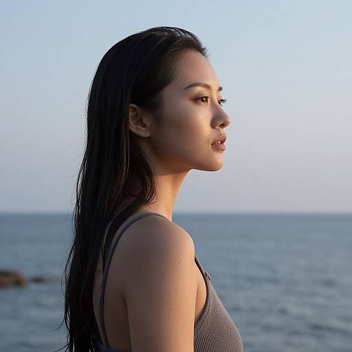 Photograph of a wet-haired Asian woman with fair skin, wearing a gray mesh tank top, gazing into the distance at a serene ocean during sunset