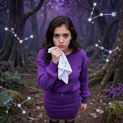 Photorealistic digital art: Young woman with long dark hair, purple sweater and skirt, holding white paper in mystical forest with glowing constellations around