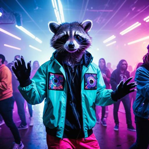 Raccoon Costume Dancing at Neon Rave Party