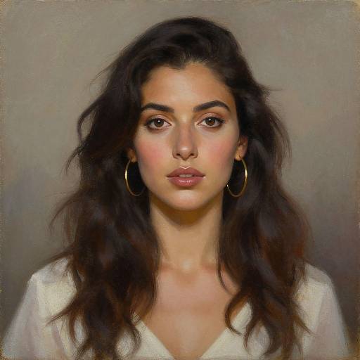 Digital portrait of a young woman with long, wavy dark hair, brown eyes, and hoop earrings, wearing a white top, against a muted gray