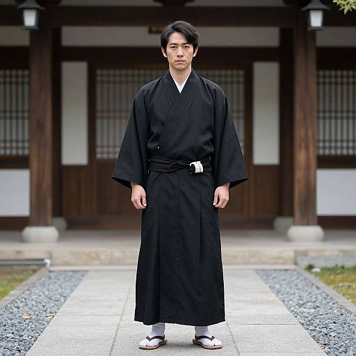 Photograph of a young Asian man in traditional black kimono, white socks, and wooden clogs, standing in front of a wooden Japanese house.