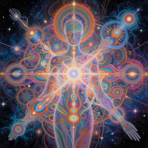 Digital art of a glowing, ethereal figure with colorful, swirling patterns and eyes, radiating light against a starry space background.