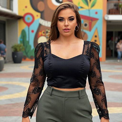 Photograph of a confident woman with long brown hair, wearing a black lace crop top and high-waisted gray pants, standing in front of a