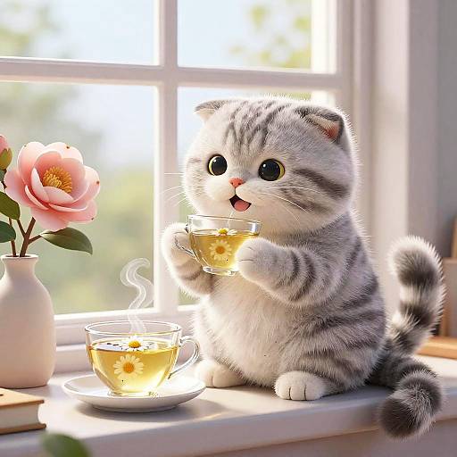 Whimsical Scottish Fold with Tea