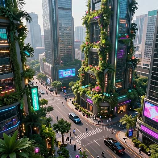 Digital art of a futuristic, neon-lit city street with towering buildings adorned with greenery, palm trees, and vibrant LED signs. Busy pedestrians and