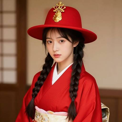Asian Girl in Red Kimono with Crown