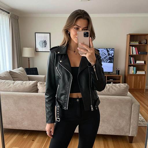 Young woman taking mirror selfie in stylish living room