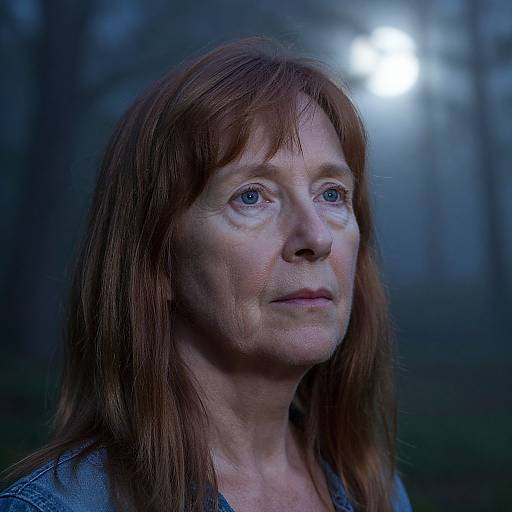 Photograph of a middle-aged woman with red hair, blue eyes, and fair skin, wearing a denim shirt, gazing upward in a dimly