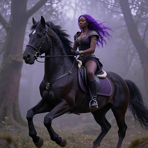 Digital fantasy art: Dark-skinned woman with purple hair rides a black horse in a misty forest, wearing a black, ornate outfit.