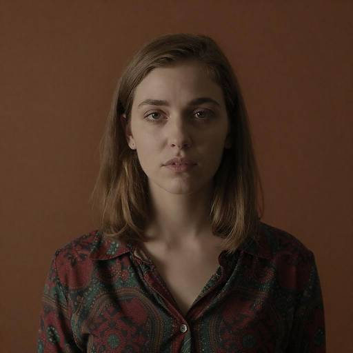 Serious Young Woman with Patterned Shirt