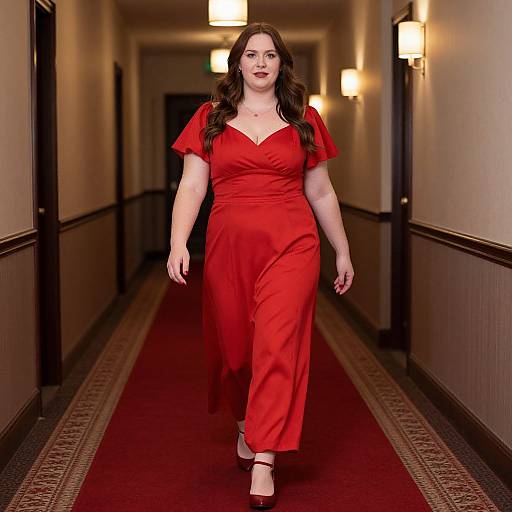Photograph of a curvy woman with long brown hair in a red, V-neck, short-sleeve dress, walking down a red-carpet