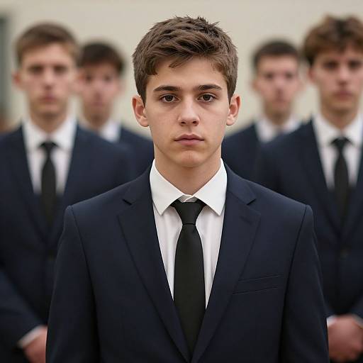 Photograph of a young man with short brown hair, serious expression, wearing a black suit, white shirt, and black tie, surrounded by blurred classmates