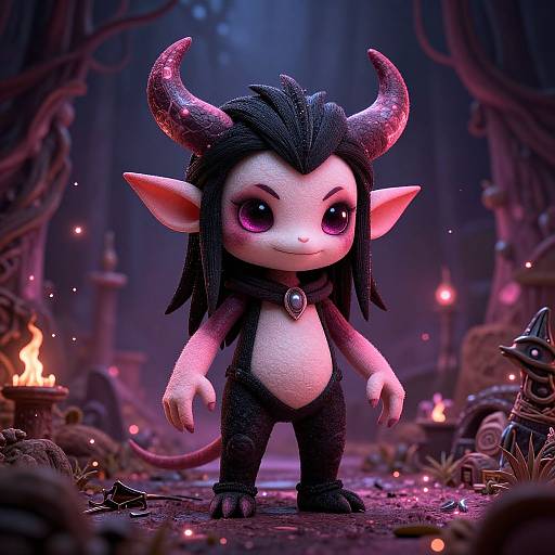 Chibi-style demon child with large purple eyes, black hair, and red horns stands in a mystical forest, surrounded by fire and glowing orbs. Digital
