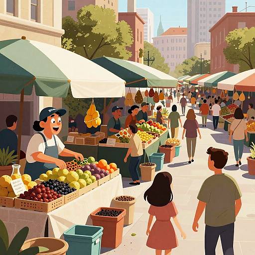 Vibrant digital illustration of a bustling outdoor market with diverse shoppers, colorful produce, green umbrellas, and sunny cityscape background.