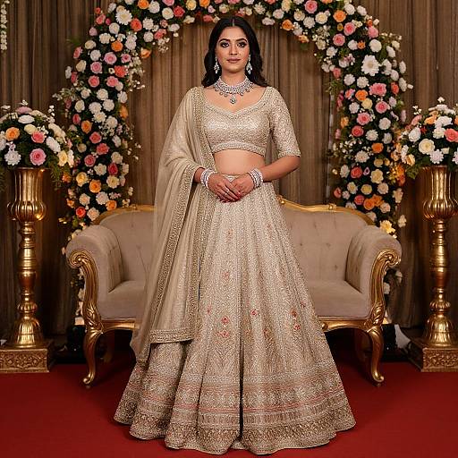 Indian woman in elegant gold traditional attire with intricate embroidery, standing before a floral arch and ornate couch, set against draped curtains. Photographic image.