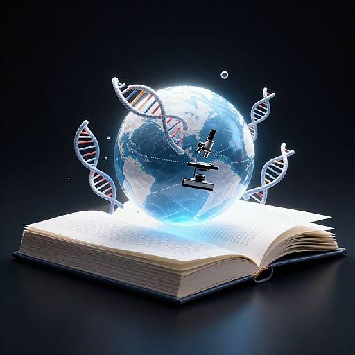 Digital artwork of a glowing, floating Earth with DNA strands emerging from an open, illuminated book against a dark background.