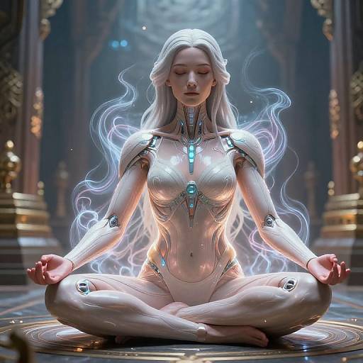 Digital art of a white-haired, silver-skinned, cybernetic woman meditating in a glowing, ornate temple. She has glowing blue accents