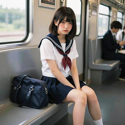 Japanese Schoolgirl in Sailor Uniform on Train