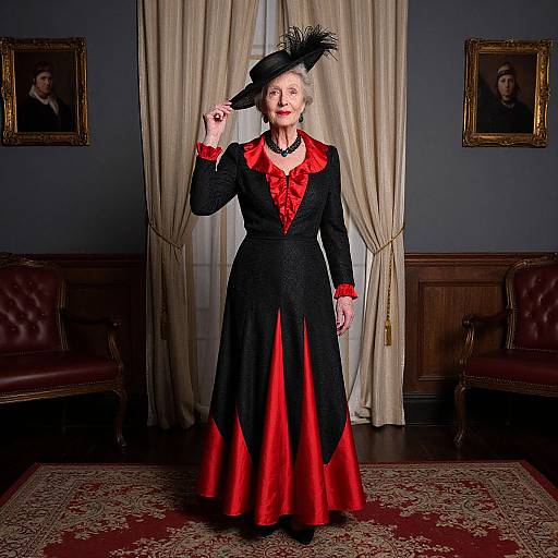 Photograph of an elderly white woman in a black dress with red accents, holding a black hat with feathers, standing in a formal room with wooden walls