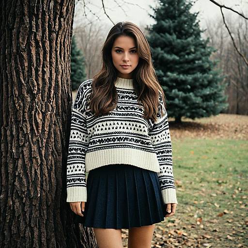 Young Woman in Sweater and Skirt Outdoors