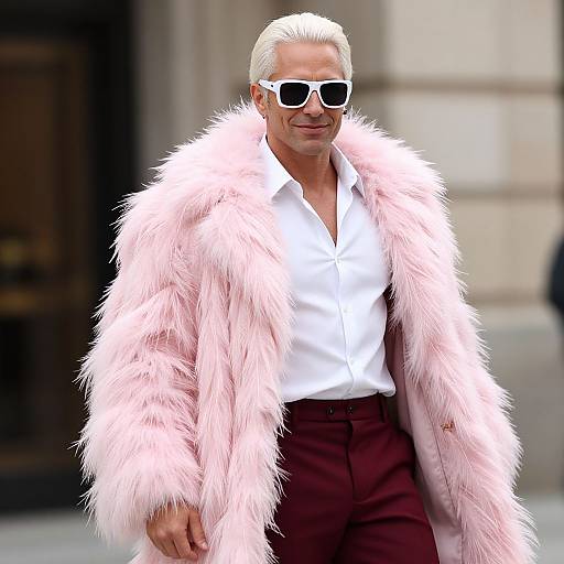 Photograph of a mature man with white hair, wearing white sunglasses, a fluffy pink fur coat, white shirt, and brown pants, walking outdoors.