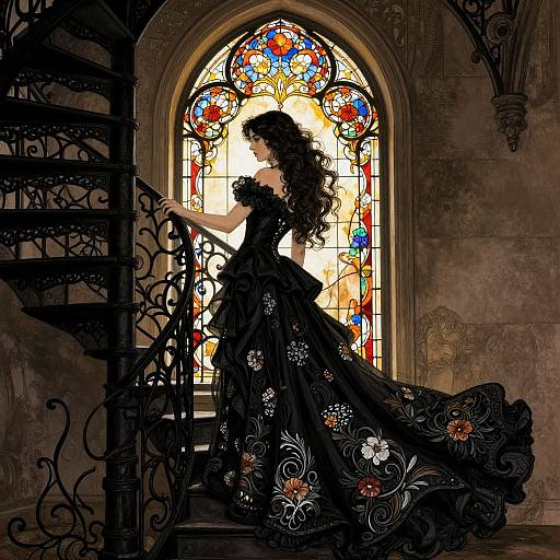 Gothic-style digital artwork: Silhouetted woman in elaborate black floral gown, long curly hair, standing on ornate staircase, illuminated by